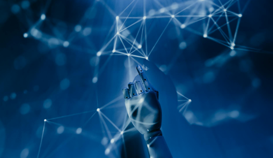 Robotic hand pointing upwards with digital network background